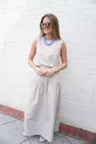 Taupe & Blue Pinstripe Drop Waist Maxi Skirt Matching Set - Anderson Ave boutique
