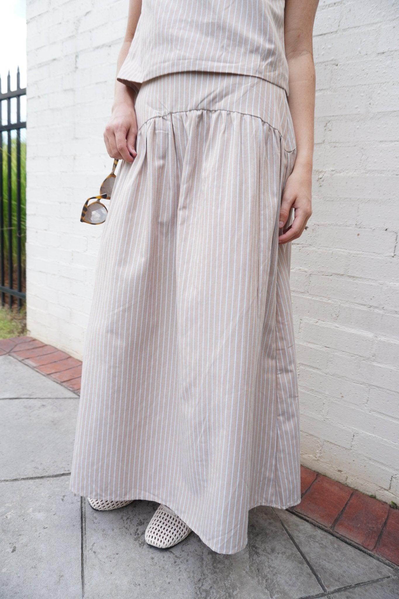 Taupe & Blue Pinstripe Drop Waist Maxi Skirt Matching Set - Anderson Ave boutique