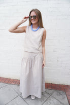 Taupe & Blue Pinstripe Drop Waist Maxi Skirt Matching Set - Anderson Ave boutique