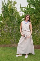 Taupe & Blue Pinstripe Drop Waist Maxi Skirt Matching Set - Anderson Ave boutique
