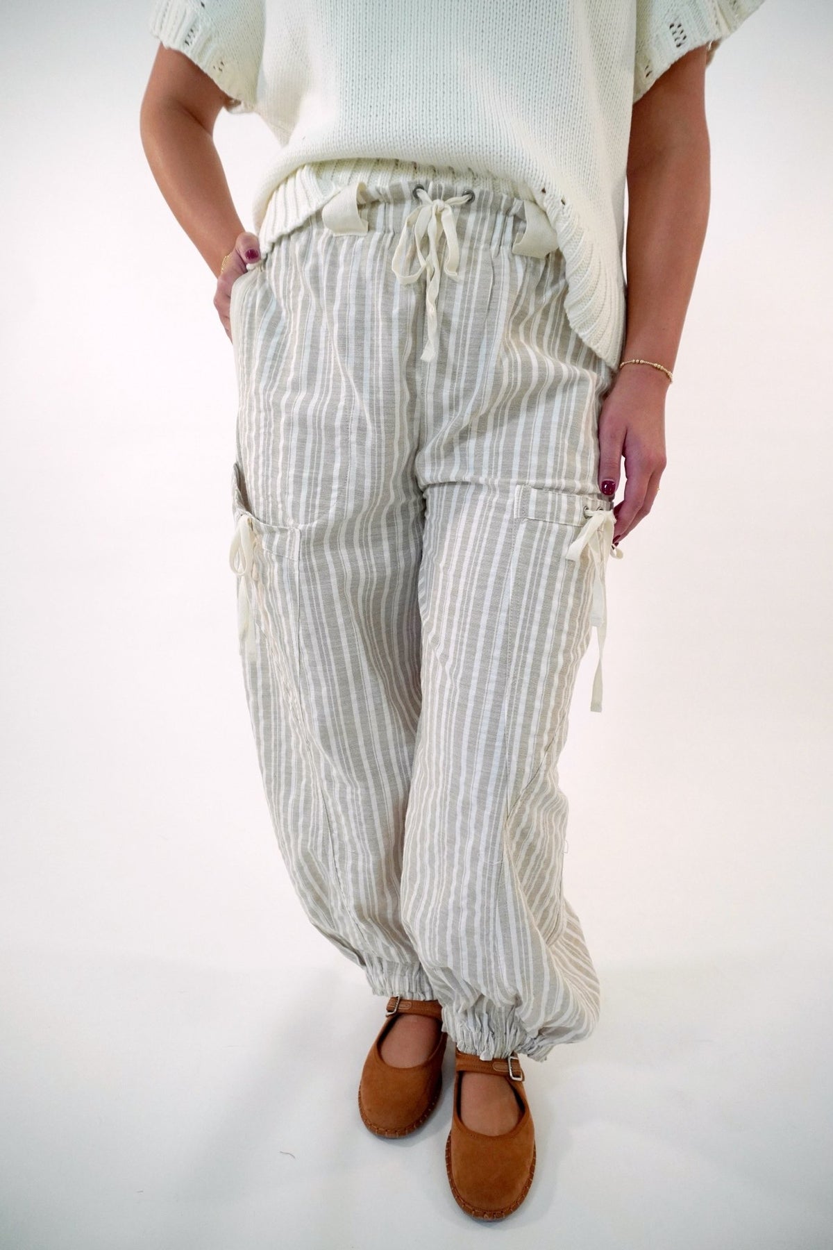 Taupe Striped Linen Blend Jogger Pant - Anderson Ave boutique
