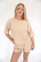 Taupe Textured Striped Crop Top & High - Rise Shorts Set - Anderson Ave boutique