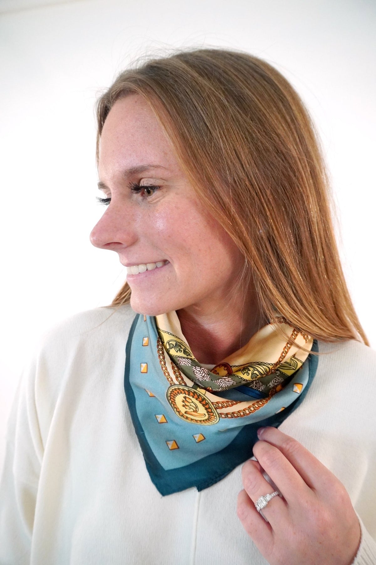 Teal and Blush Chain Print Satin Square Scarf - Anderson Ave boutique