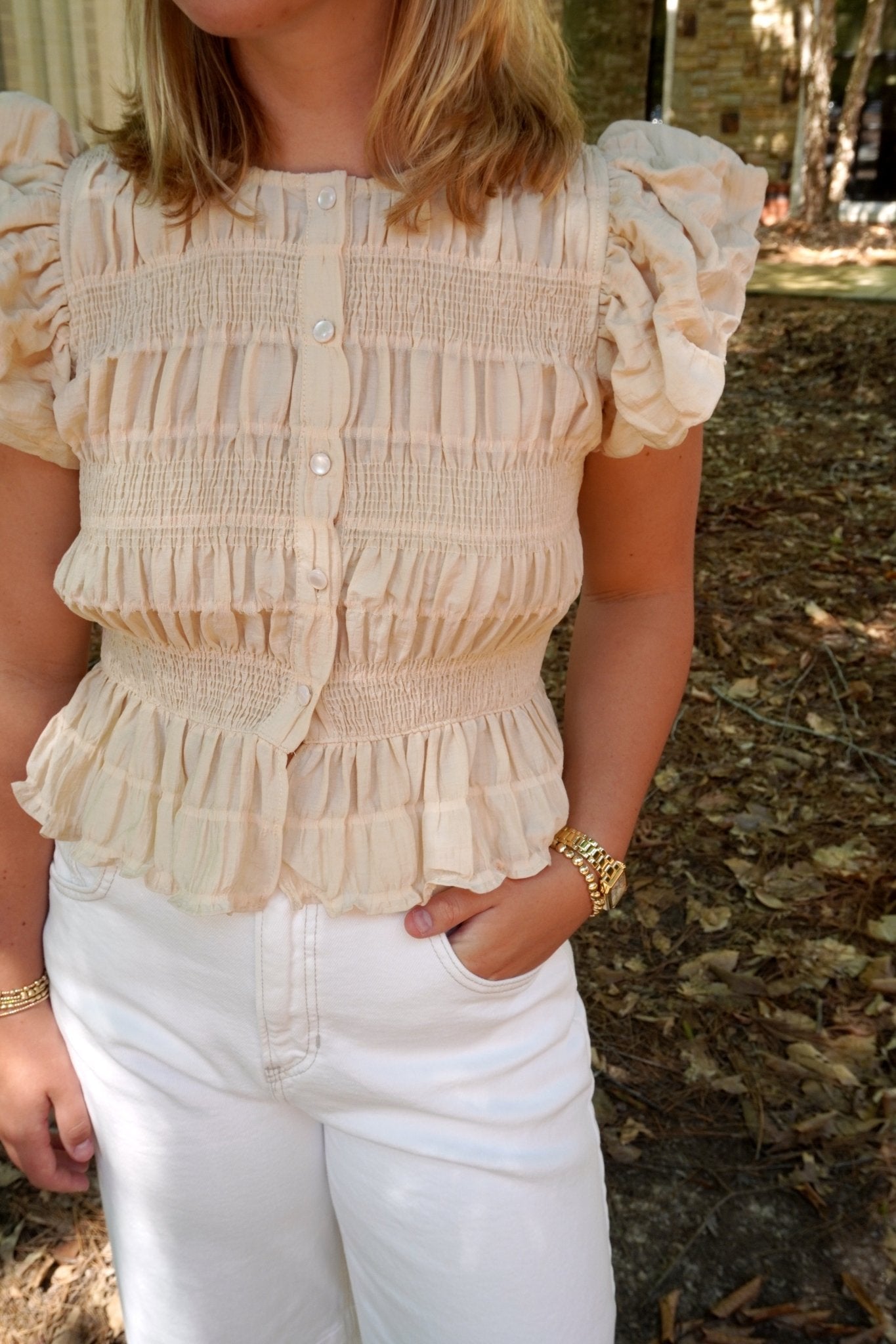 Textured Button Front Blouse Top - Cream - Anderson Ave boutique