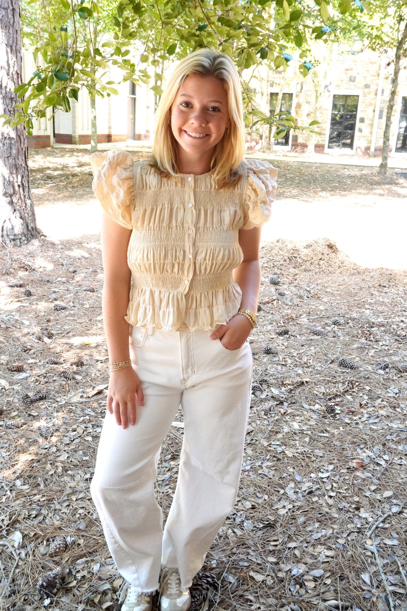 Textured Button Front Blouse Top - Cream - Anderson Ave boutique