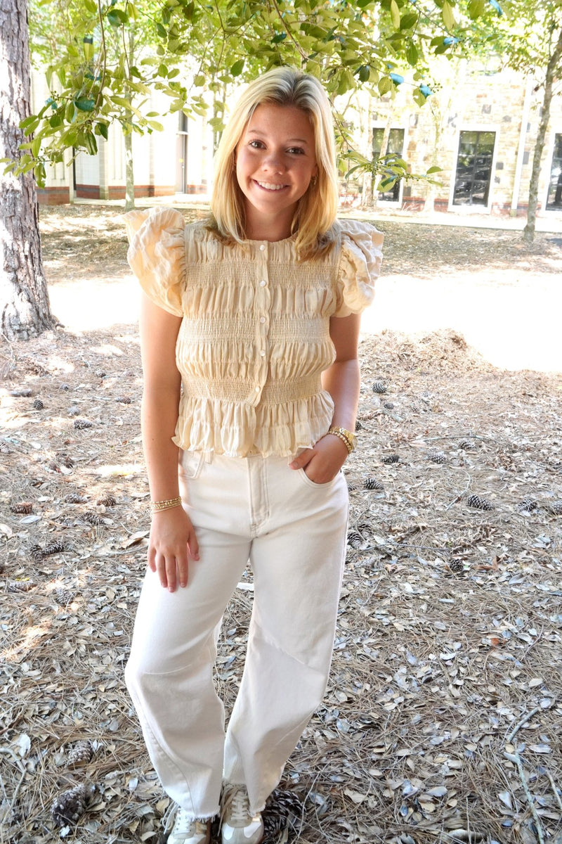 Textured Button Front Blouse Top - Cream - Anderson Ave boutique