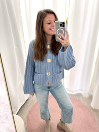 The Charlotte Dusty Blue Gold Button Chunky Cardigan - Anderson Ave boutique