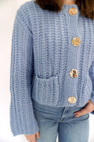 The Charlotte Dusty Blue Gold Button Chunky Cardigan - Anderson Ave boutique
