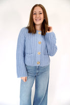 The Charlotte Dusty Blue Gold Button Chunky Cardigan - Anderson Ave boutique