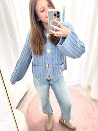 The Charlotte Dusty Blue Gold Button Chunky Cardigan - Anderson Ave boutique