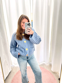 The Charlotte Dusty Blue Gold Button Chunky Cardigan - Anderson Ave boutique