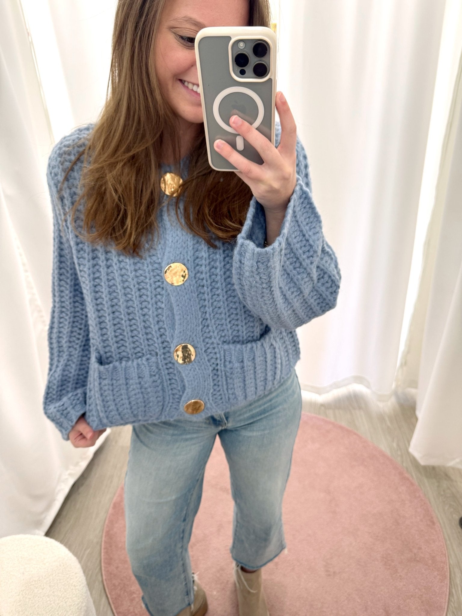 The Charlotte Dusty Blue Gold Button Chunky Cardigan - Anderson Ave boutique