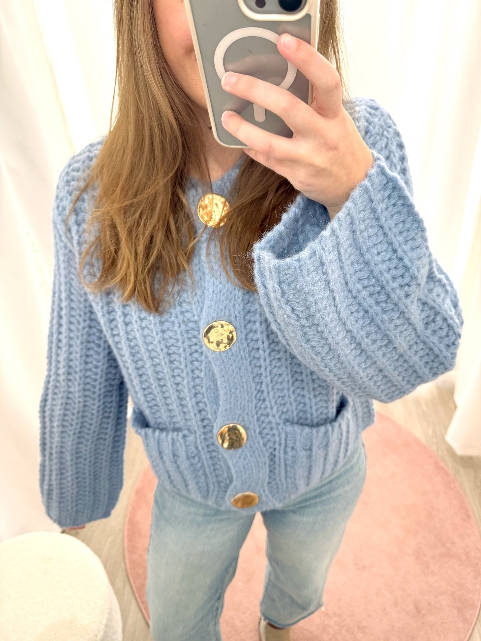 The Charlotte Dusty Blue Gold Button Chunky Cardigan - Anderson Ave boutique