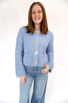 The Charlotte Dusty Blue Gold Button Chunky Cardigan - Anderson Ave boutique