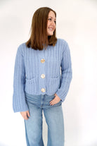 The Charlotte Dusty Blue Gold Button Chunky Cardigan - Anderson Ave boutique