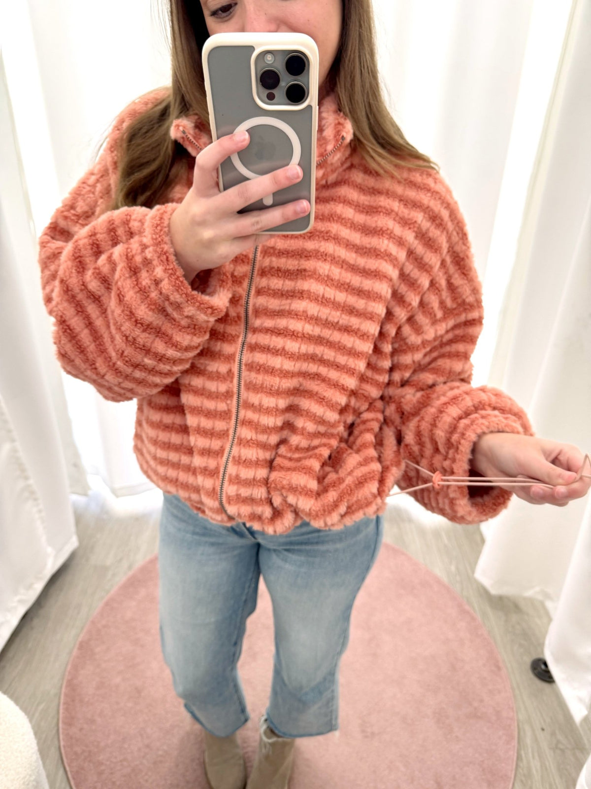 The Rowan Clay Stripe Plush Zip - Up Jacket - Anderson Ave boutique