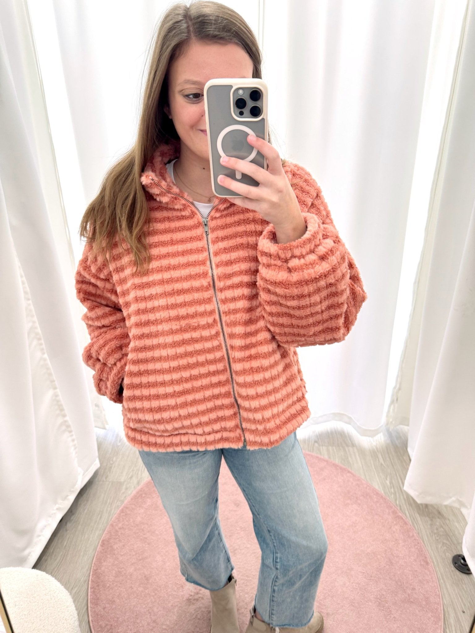 The Rowan Clay Stripe Plush Zip - Up Jacket - Anderson Ave boutique
