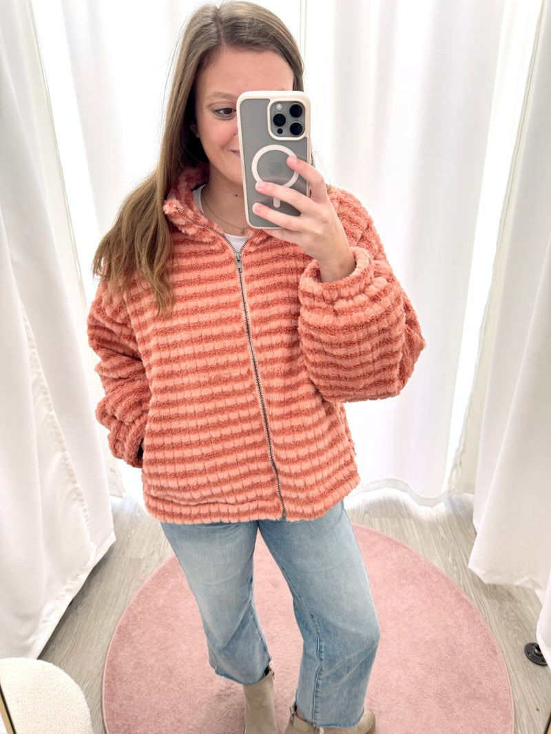 The Rowan Clay Stripe Plush Zip - Up Jacket - Anderson Ave boutique
