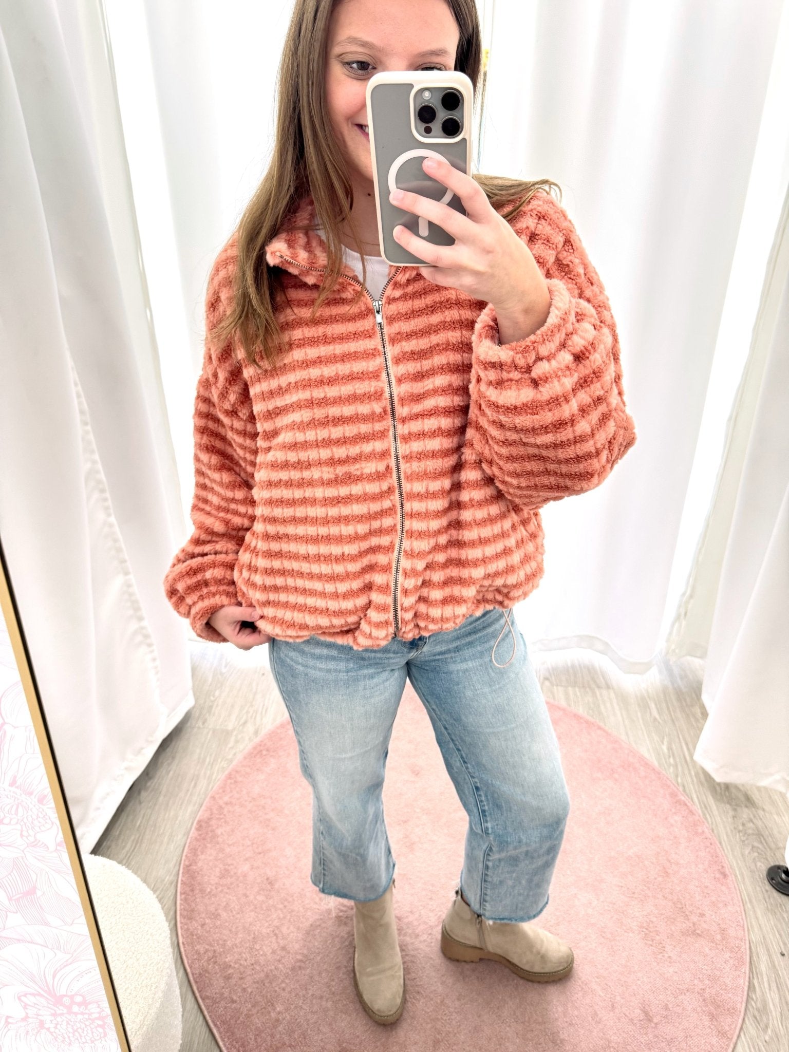 The Rowan Clay Stripe Plush Zip - Up Jacket - Anderson Ave boutique