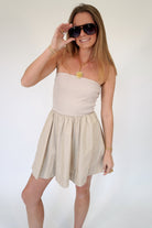 The Selena Mixed Media Taupe Fit & Flare Mini Dress - Anderson Ave boutique