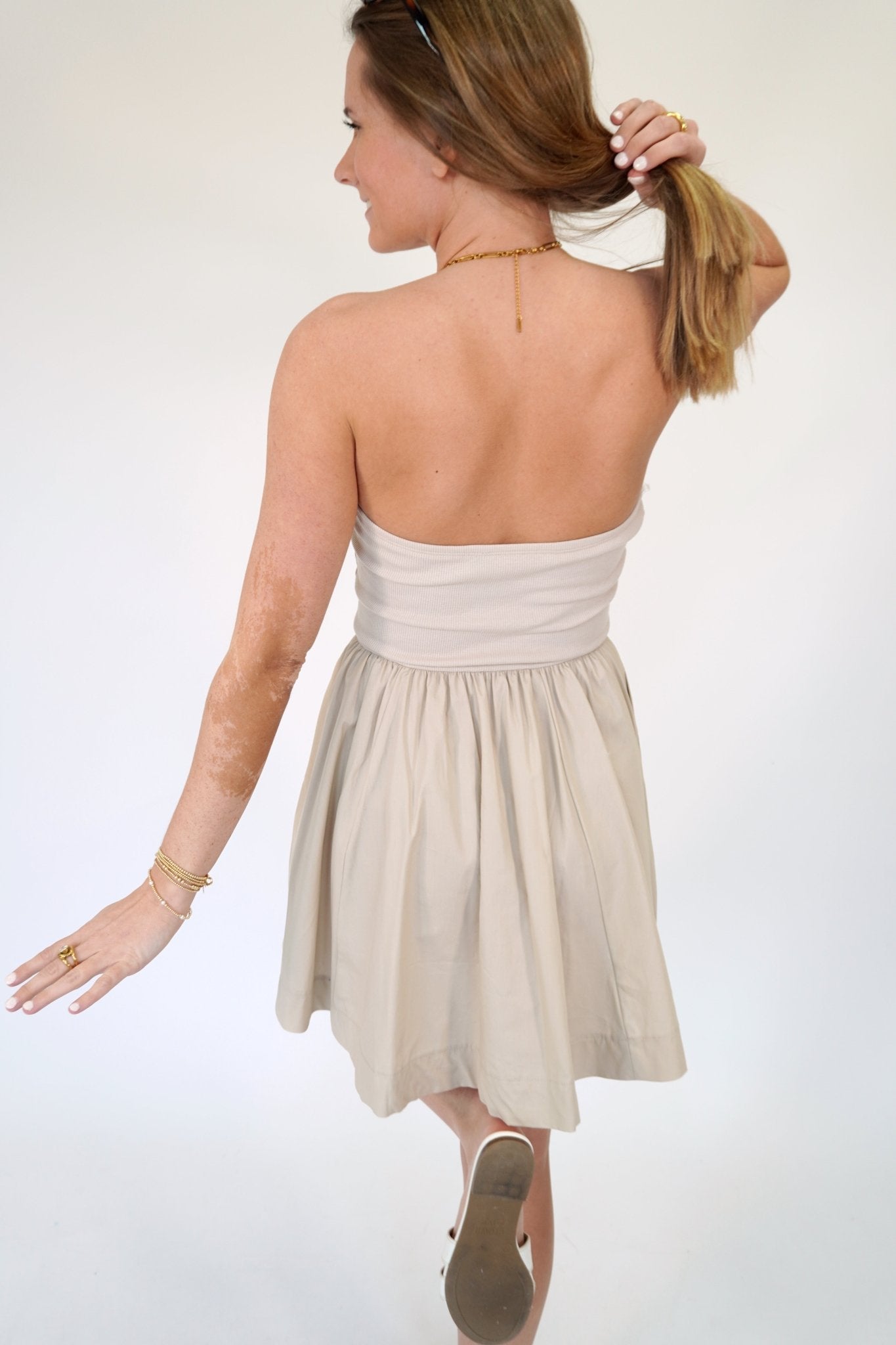 The Selena Mixed Media Taupe Fit & Flare Mini Dress - Anderson Ave boutique