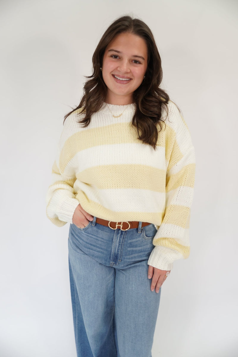 The Soleil Cream & Butter Yellow Striped Chunky Sweater - Anderson Ave boutique