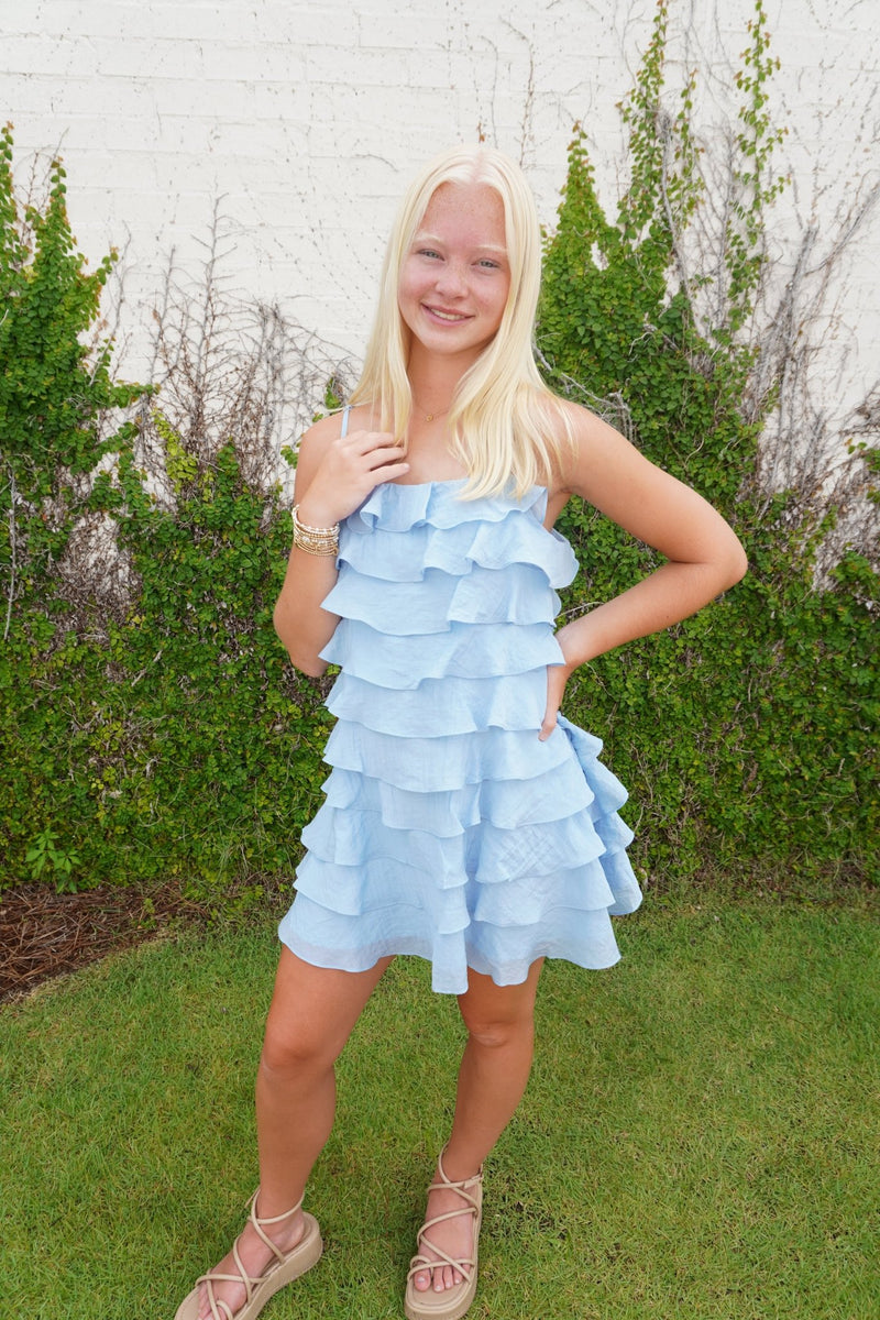 Tiered Ruffle Mini Dress – Light Blue - Anderson Ave boutique