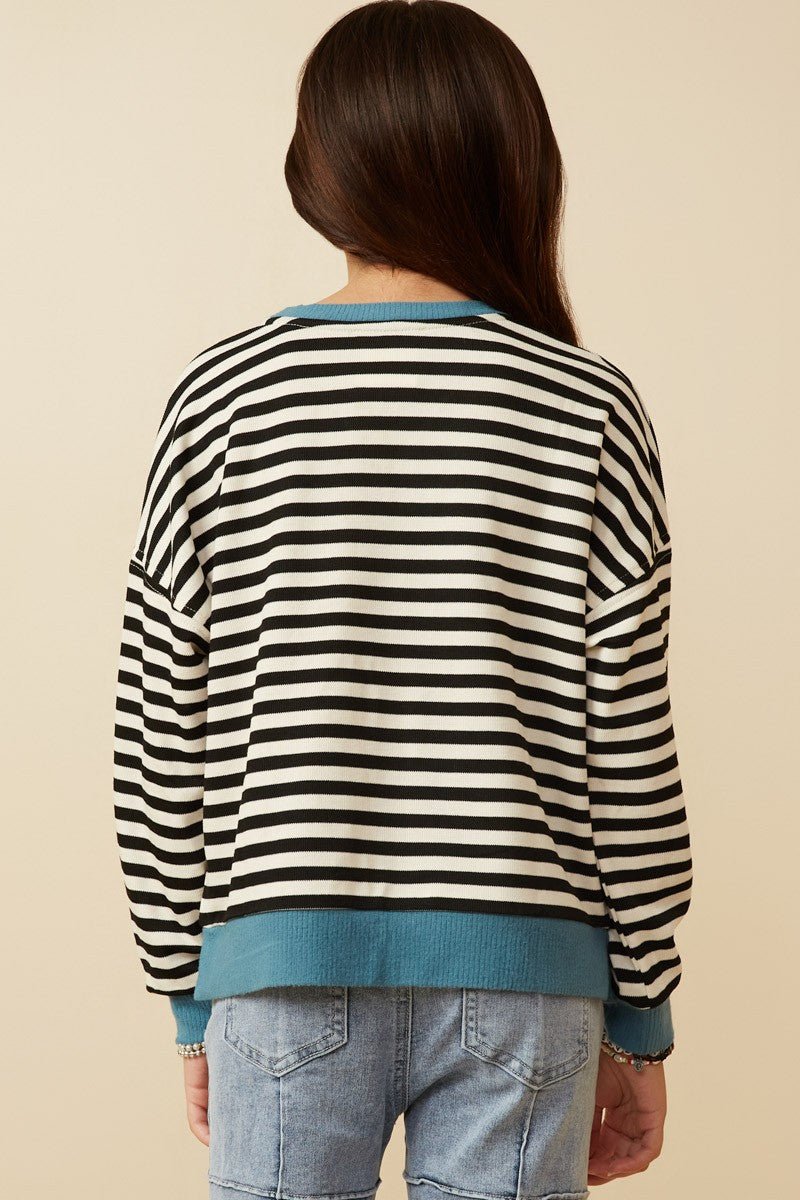 Tween Black, White, and Teal Striped Long Sleeve To - Anderson Ave boutique