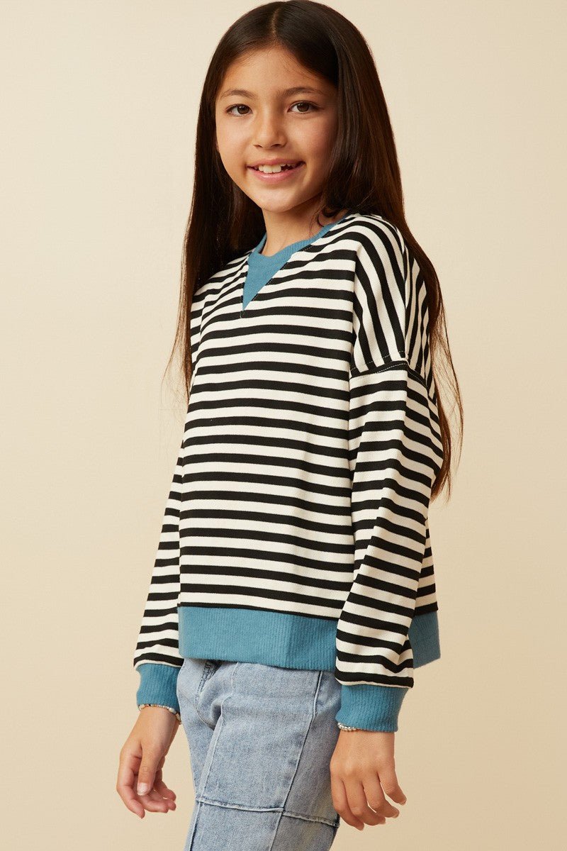Tween Black, White, and Teal Striped Long Sleeve To - Anderson Ave boutique