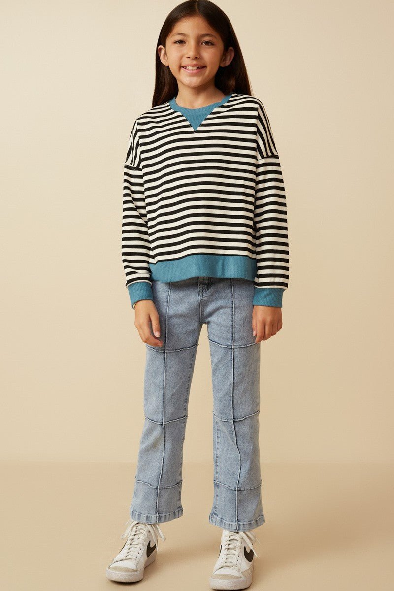 Tween Black, White, and Teal Striped Long Sleeve To - Anderson Ave boutique