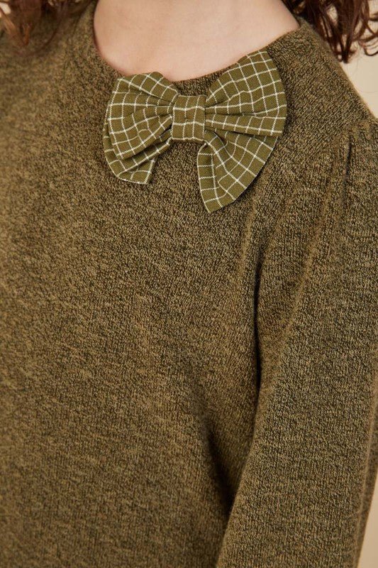 Tween Olive Green Bow Accent Sweater - Anderson Ave boutique