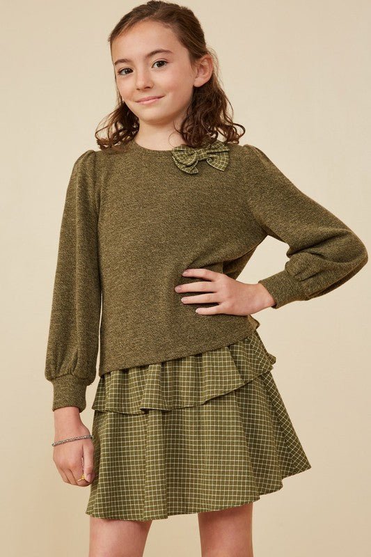 Tween Olive Green Bow Accent Sweater - Anderson Ave boutique