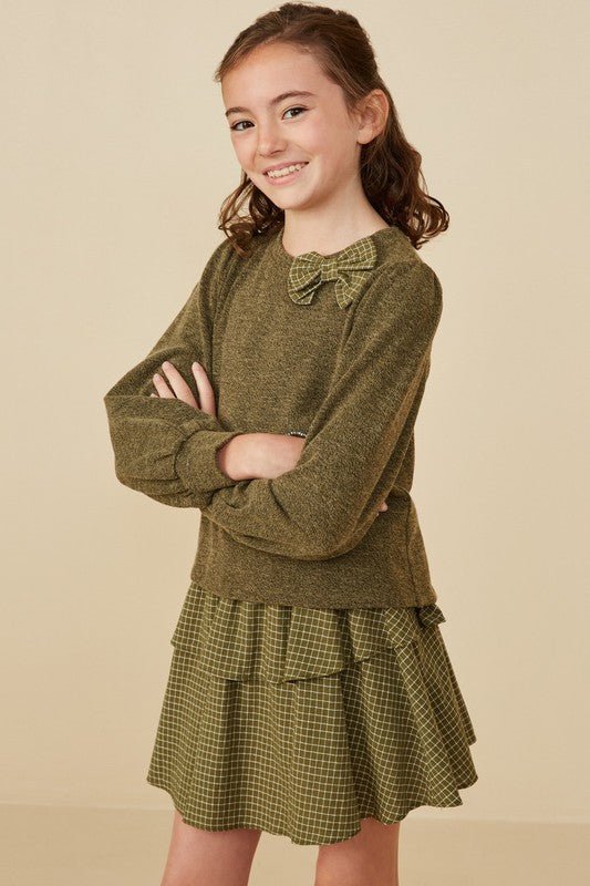 Tween Olive Green Bow Accent Sweater - Anderson Ave boutique