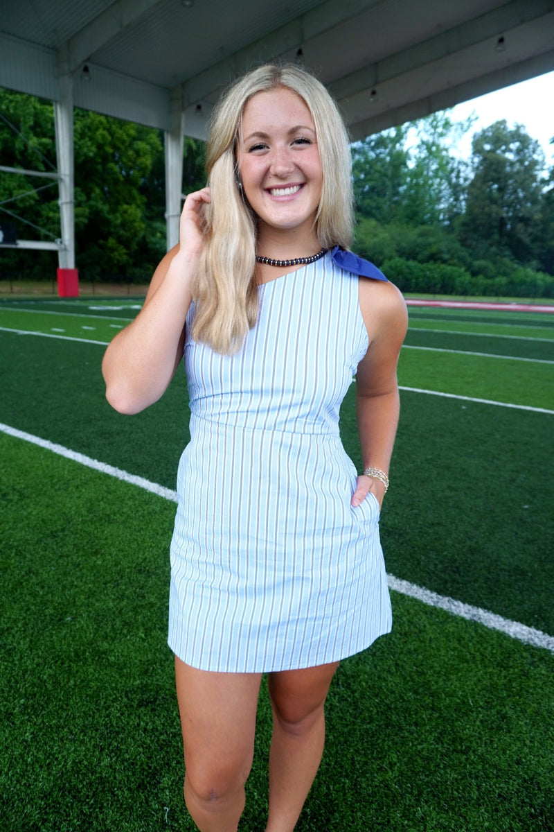 Vertical Stripes One Shoulder Bow Detail Dress - Navy / White - Anderson Ave boutique
