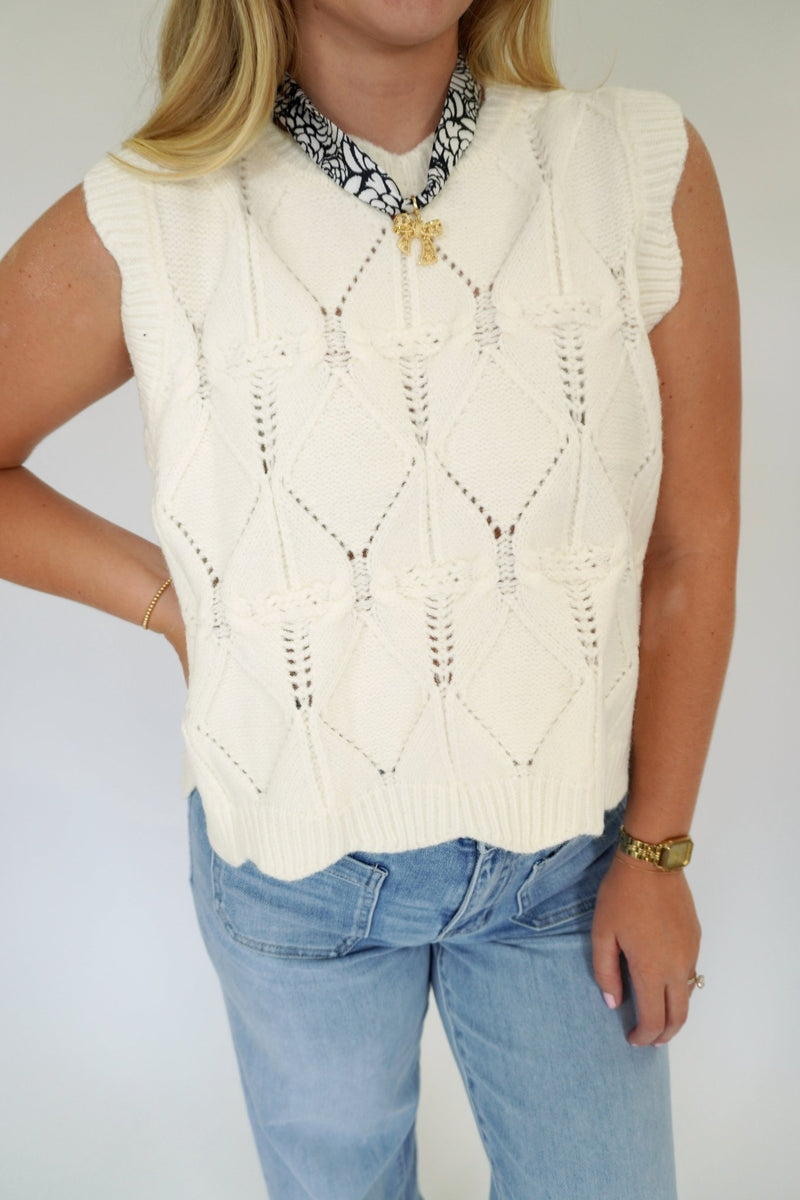 White Knit Sweater Vest with Black Bow Back - Anderson Ave boutique