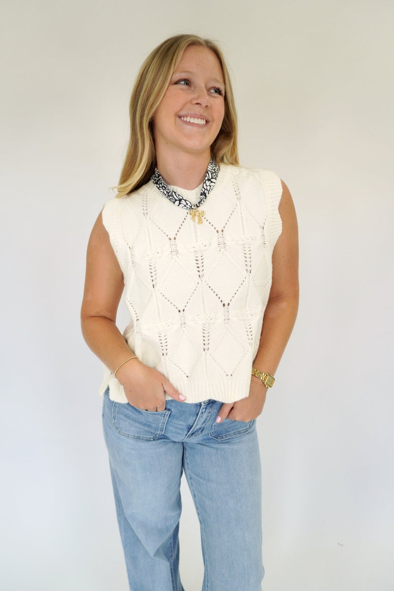 White Knit Sweater Vest with Black Bow Back - Anderson Ave boutique