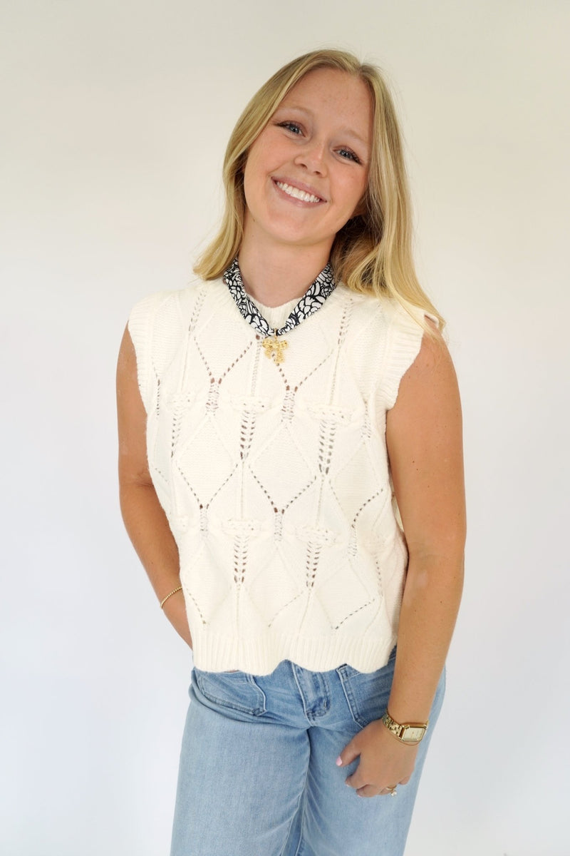 White Knit Sweater Vest with Black Bow Back - Anderson Ave boutique