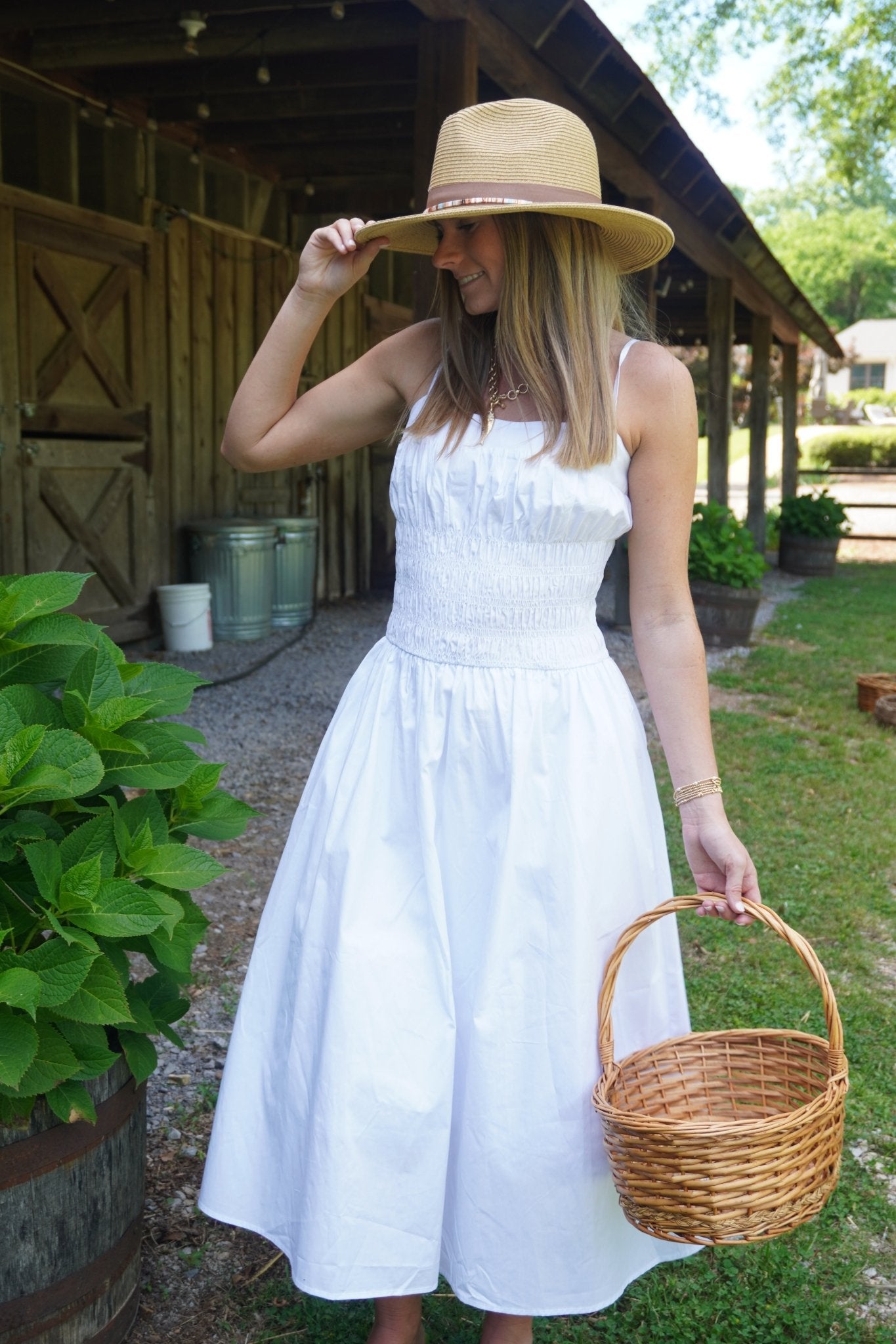 White Smocked Midi Dress Large