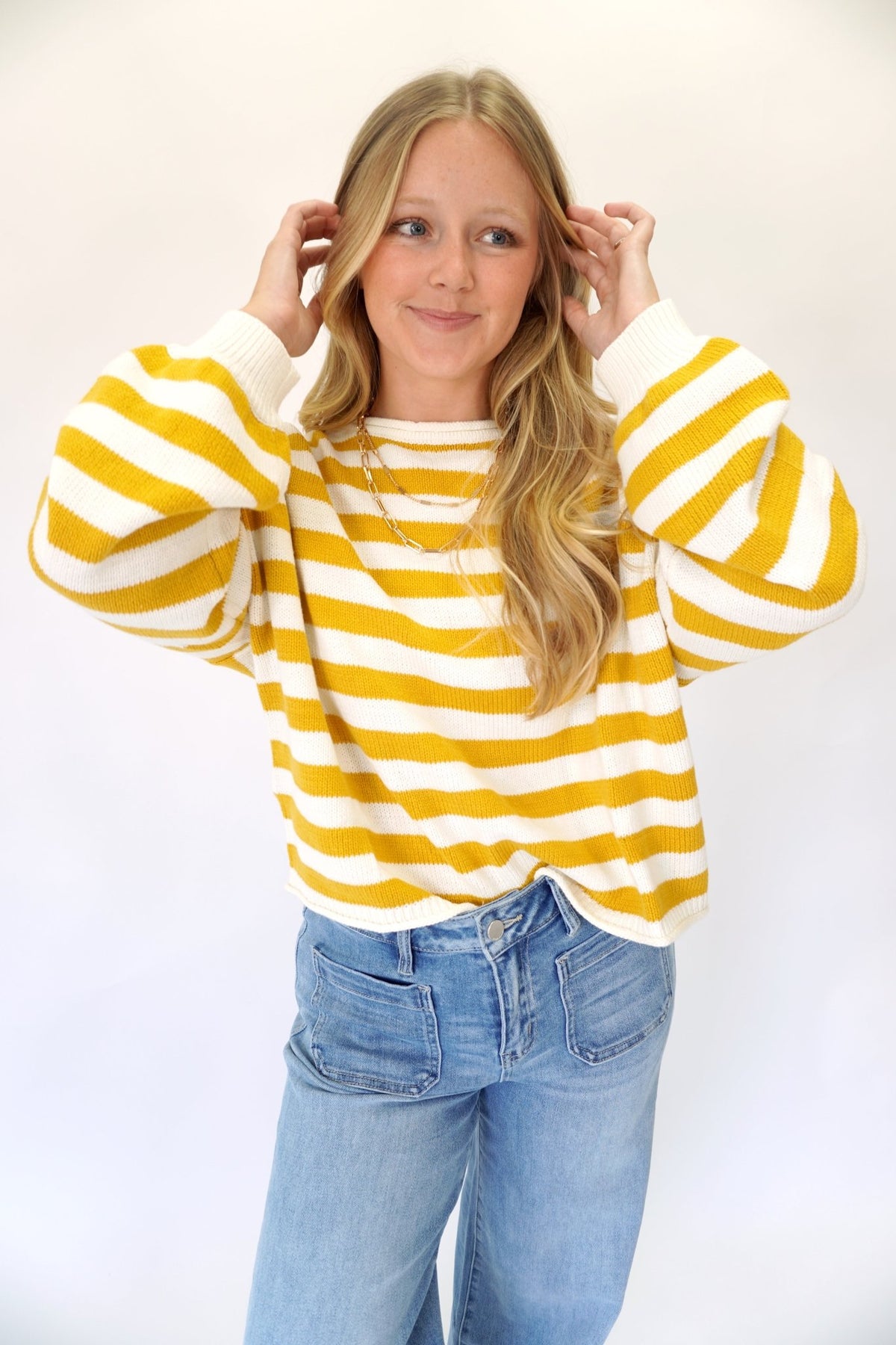 Women’s Mustard Yellow Striped Sweater - Anderson Ave boutique