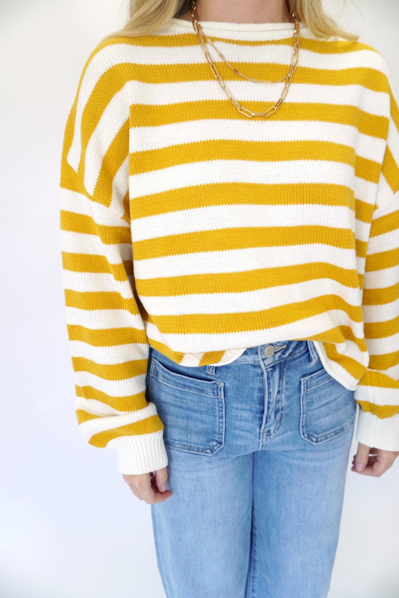 Women’s Mustard Yellow Striped Sweater - Anderson Ave boutique