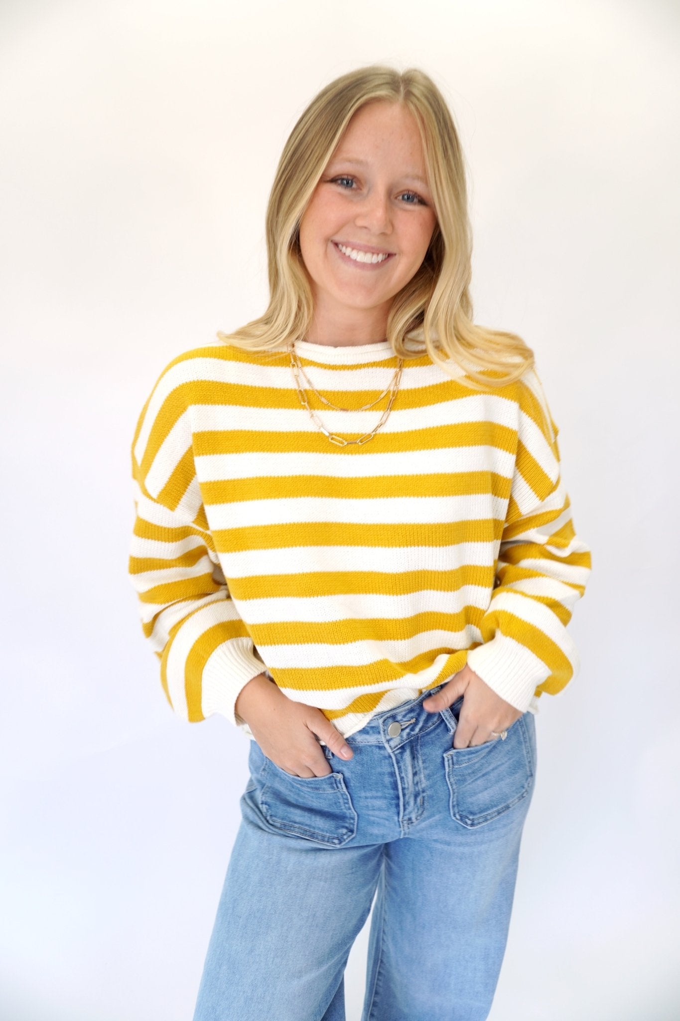 Women’s Mustard Yellow Striped Sweater - Anderson Ave boutique