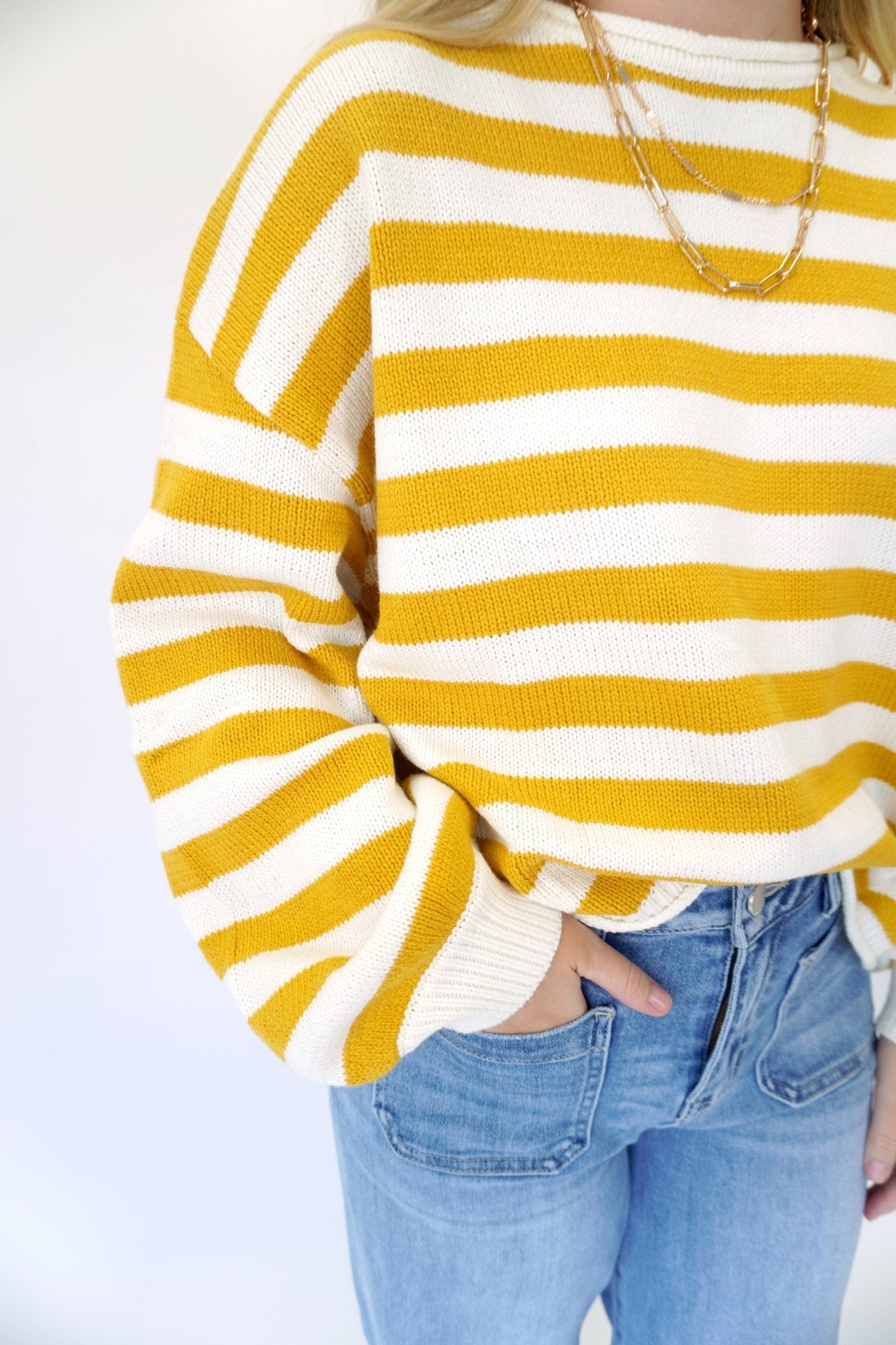 Women’s Mustard Yellow Striped Sweater - Anderson Ave boutique