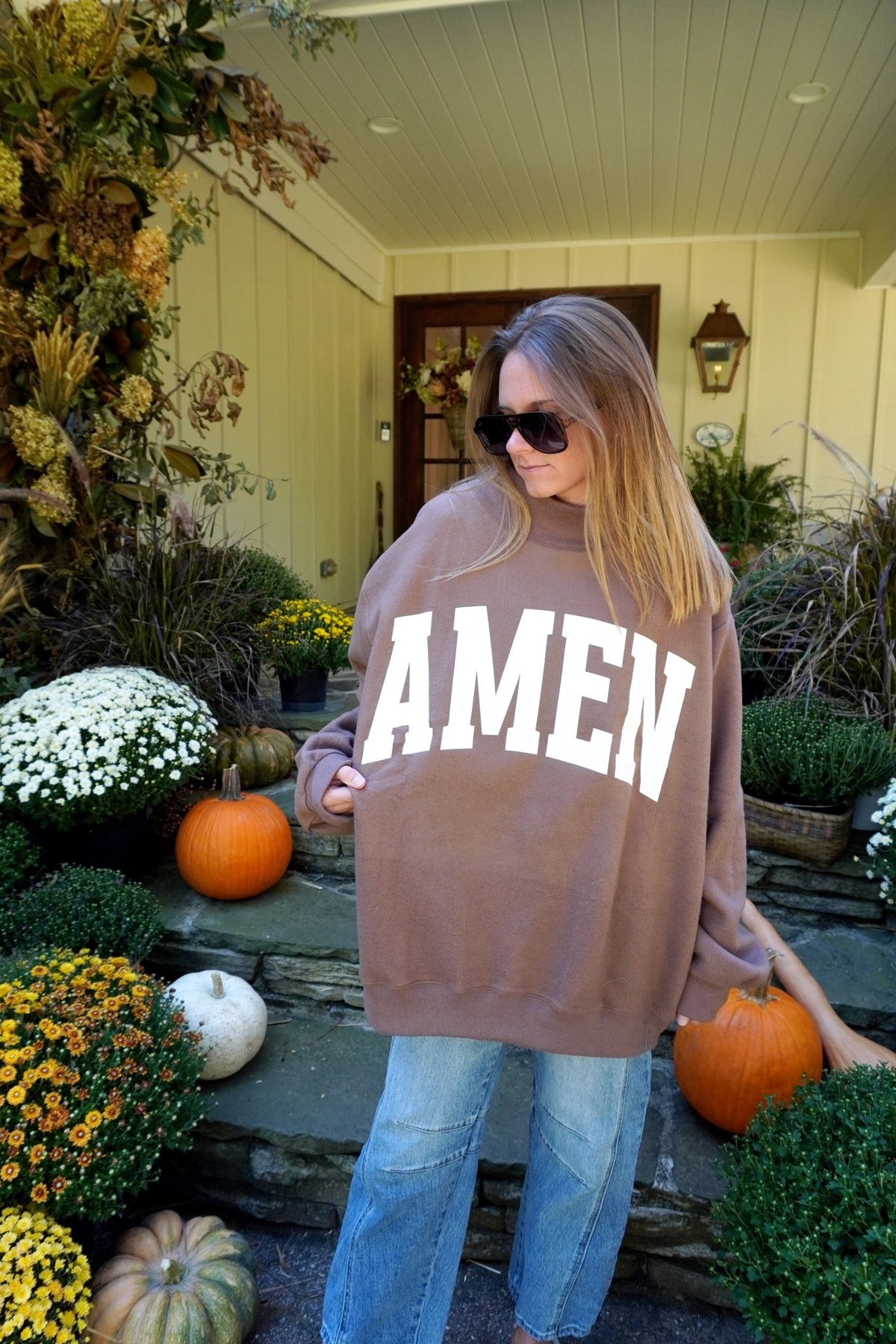 WWJD + AMEN Reversible Mock Neck Sweatshirt - Brown - Anderson Ave boutique