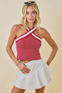 X Halter Neckline Contrast Stripe Sweater Top - Crimson / White - Anderson Ave boutique