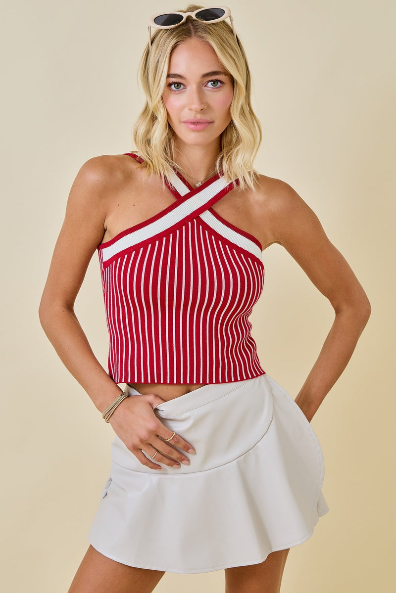 X Halter Neckline Contrast Stripe Sweater Top - Crimson / White - Anderson Ave boutique