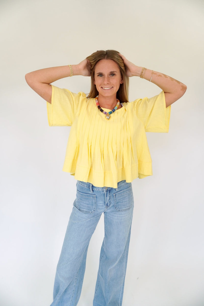 Yellow Pleated Flutter Sleeve Top - Anderson Ave boutique