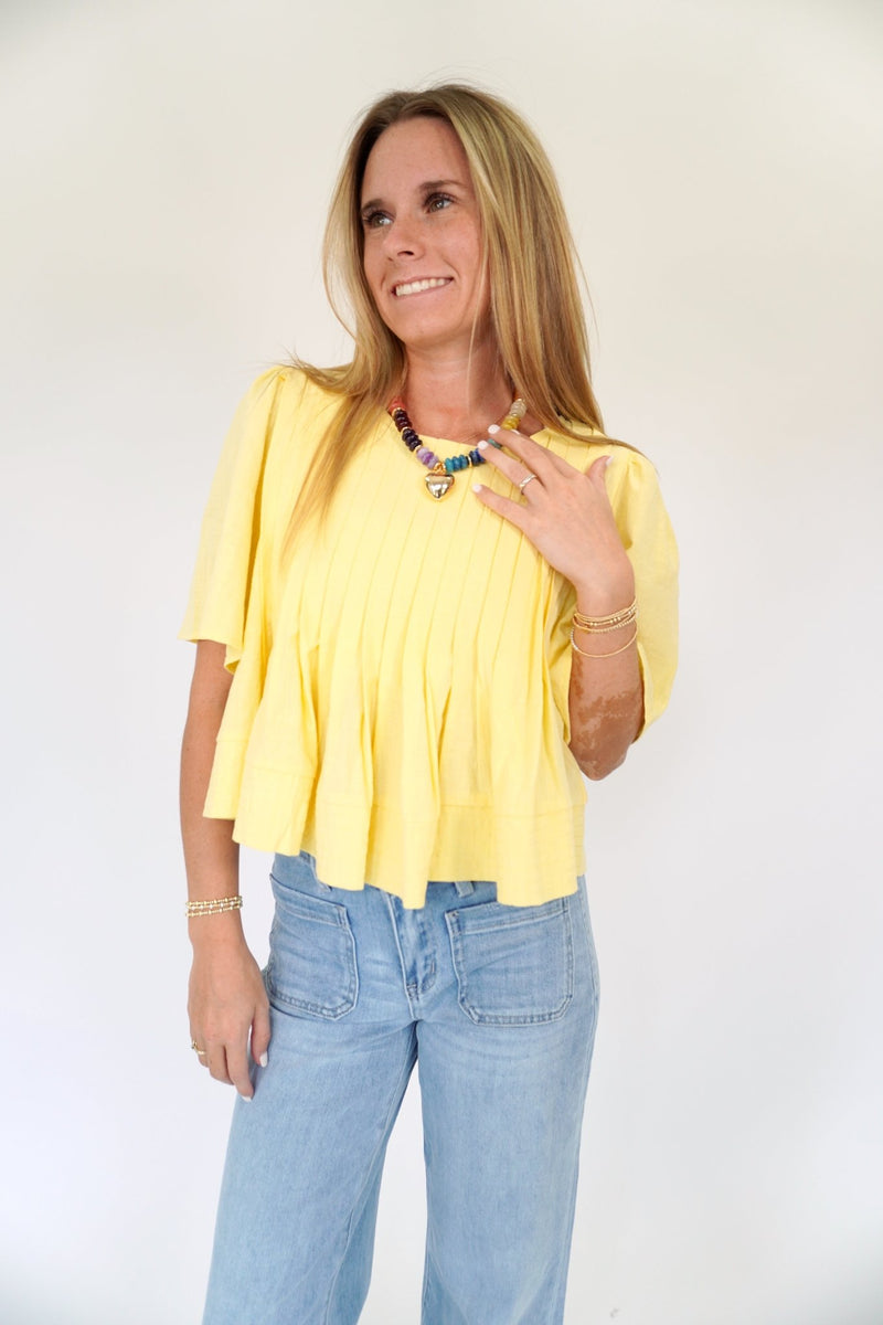 Yellow Pleated Flutter Sleeve Top - Anderson Ave boutique