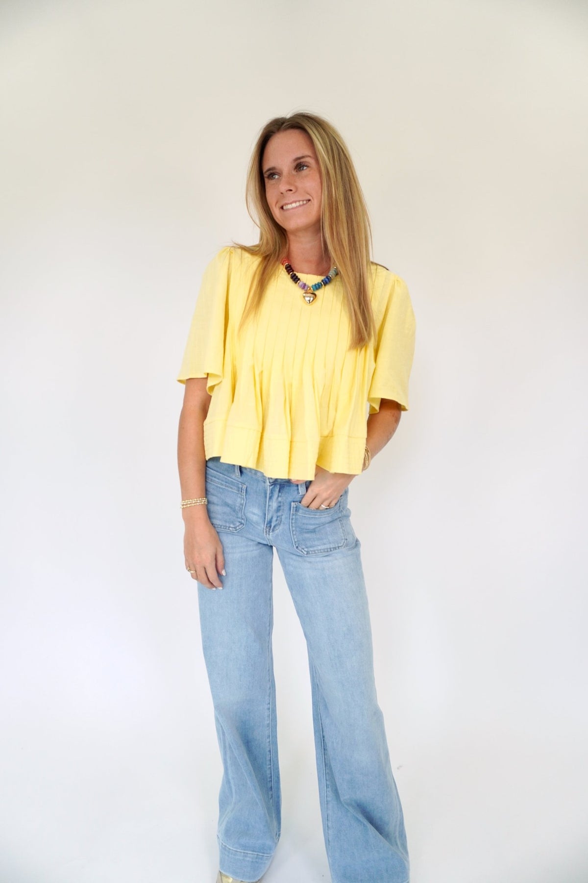 Yellow Pleated Flutter Sleeve Top - Anderson Ave boutique