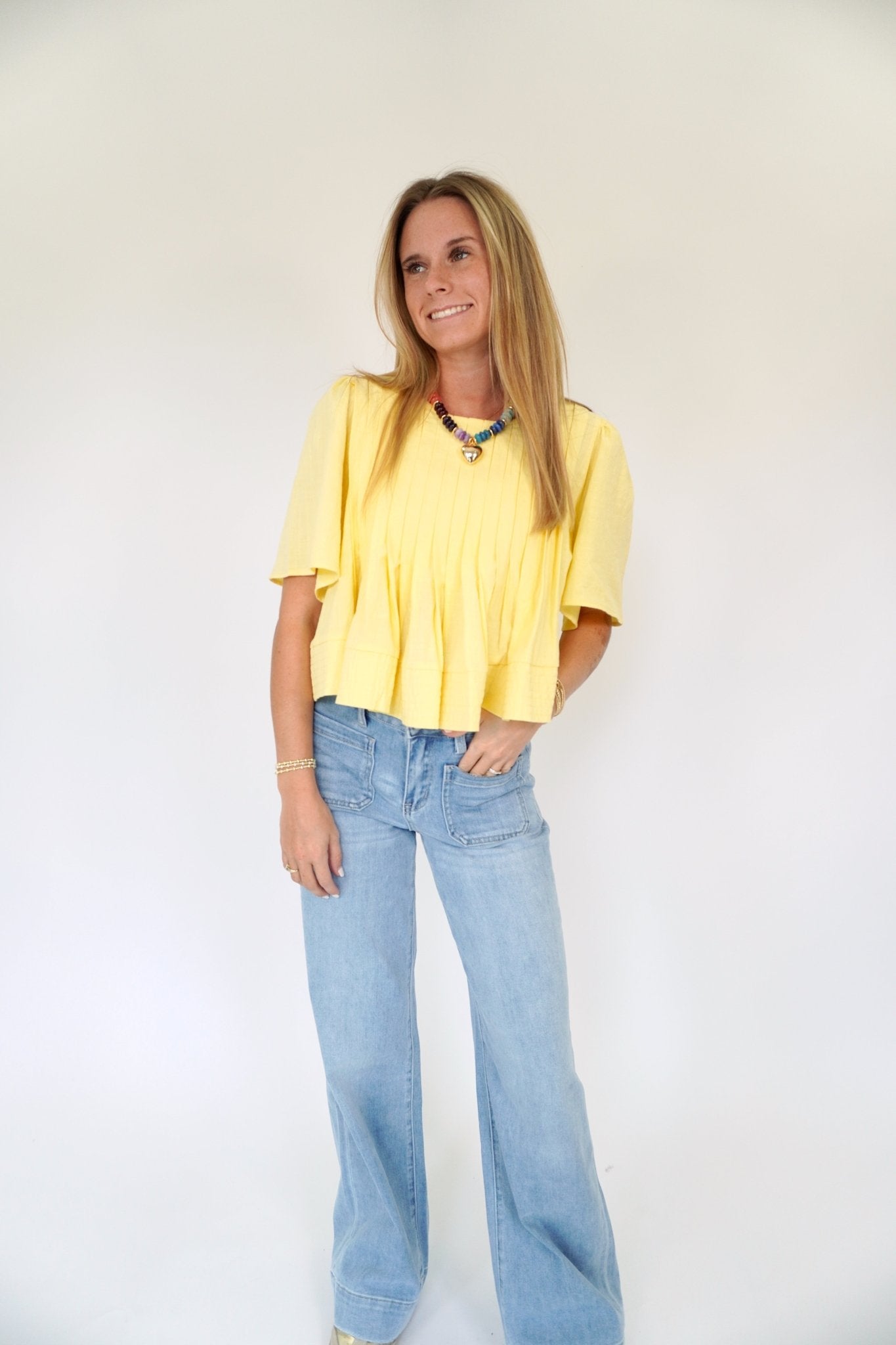 Yellow Pleated Flutter Sleeve Top - Anderson Ave boutique